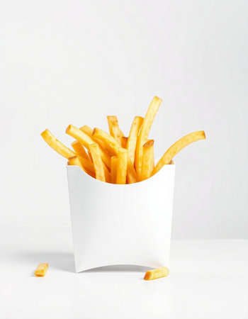 French fries in a paper box on a white background. Isolated