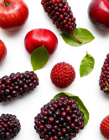 Raspberries, blackberries, apples and leaves on white backgroundの写真素材