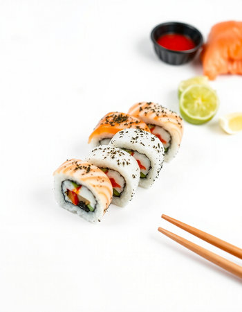 Sushi roll with salmon, avocado, cucumber, cream cheese and sesame seedsの写真素材