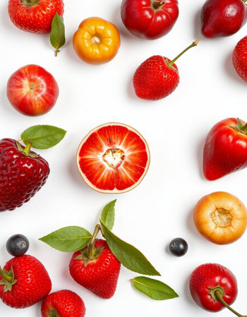 Composition with fresh fruits on white background, top view. Flat layの写真素材