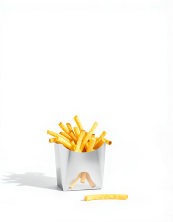 Golden French fries in a paper box on a white background with shadowの写真素材