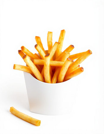 French fries in a white bowl isolated on a white background. Selective focus.