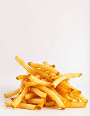 Golden French fries potatoes on white background, shallow depth of field.の写真素材
