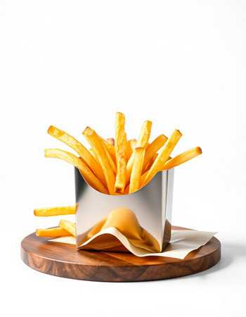 French fries in a box on a wooden stand on a white background