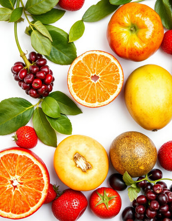 Fruits and berries isolated on white background. Flat lay, top view