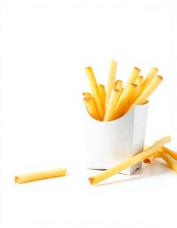 French fries in a white box on a white background. Fast food.