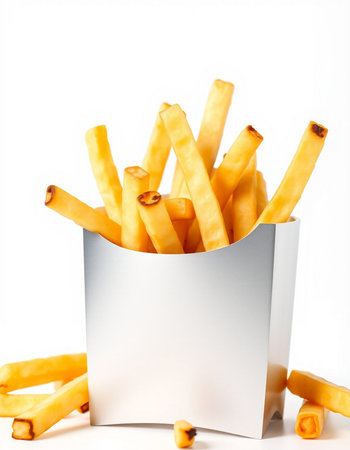 French fries in a paper box on a white background. Isolated
