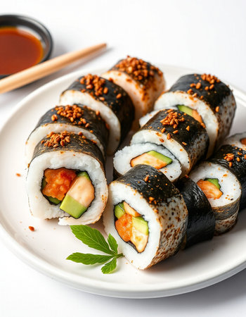 Sushi roll with salmon, avocado, cucumber and sesame seedsの写真素材