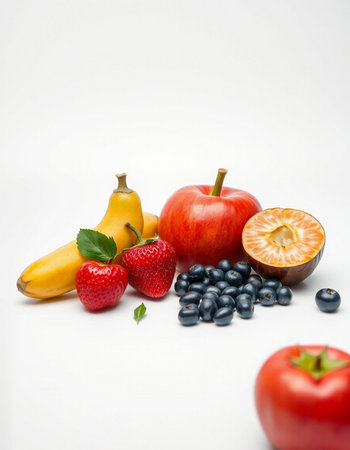 Fruits and vegetables on a white background. Healthy food concept.