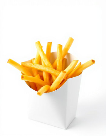 French fries in a white box on a white background. Isolated