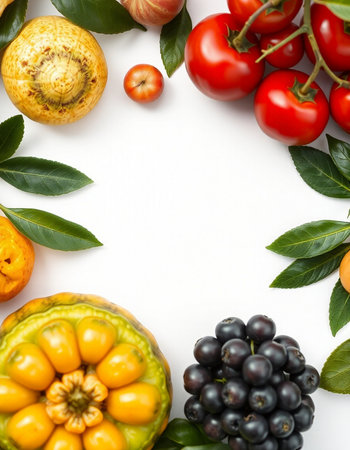 Fruits and vegetables on a white background with space for text.の写真素材