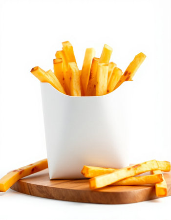 French fries in a white box on a wooden board on a white background