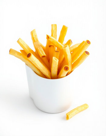 French fries in a white cup on a white background. Isolated