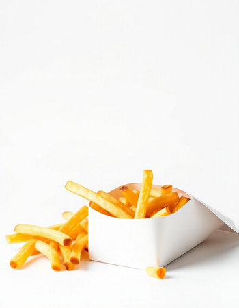 French fries in a paper box on a white background. Selective focus.