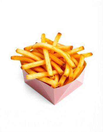 French fries in a pink box on a white background. Isolated