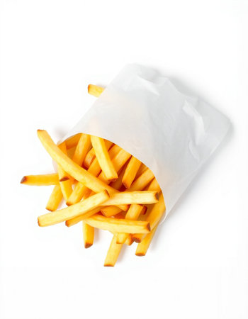 French fries in paper bag isolated on white background, clipping path included