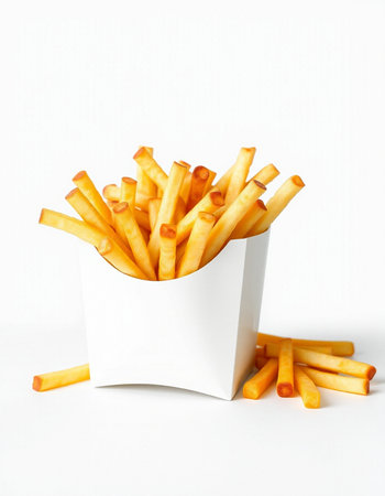 French fries in a white box on a white background, fast food