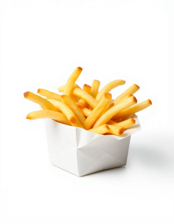 French fries in paper box isolated on white background. Selective focus.