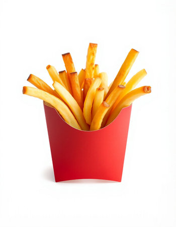 French fries in a red box on a white background. Isolated