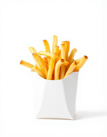 French fries in a white box on a white background. Isolated