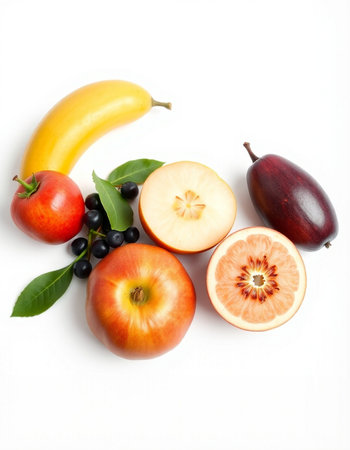 Fruits isolated on white background. Healthy food concept. Top view.の写真素材