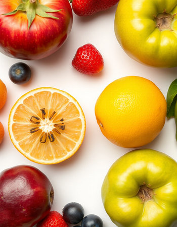 Fruits and vegetables on a white background. Concept of healthy eating.