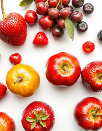 Composition with fresh fruits and berries on white background, top view