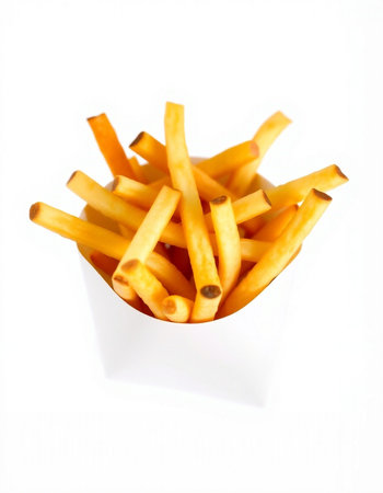 French fries in a paper box isolated on white background. Selective focus.