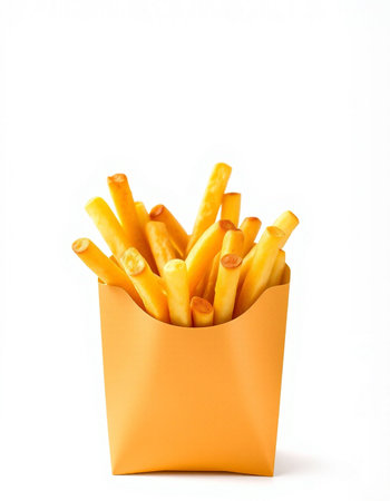 French fries in paper box isolated on white background. Fast food.