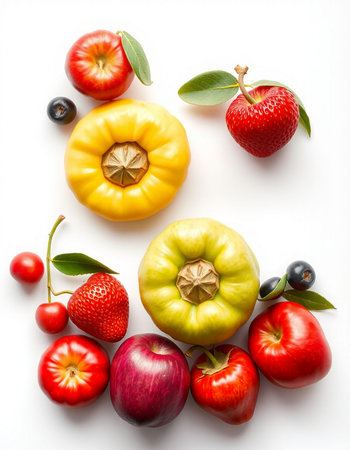 Colorful fruits and vegetables isolated on white background. Top view.の写真素材