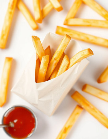 French fries with ketchup on a white background, close-up
