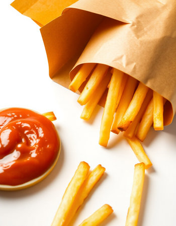 French fries with ketchup on a white background. Fast food.の写真素材
