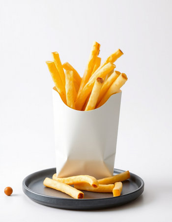 French fries in paper box on white background. Selective focus.の写真素材