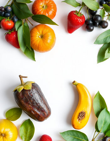 Fruits and vegetables on white background. Flat lay, top viewの写真素材