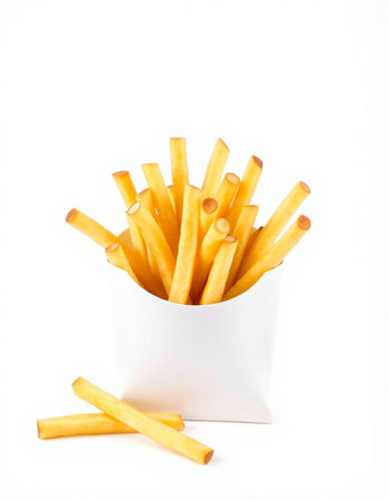 French fries in a white paper box isolated on a white background.
