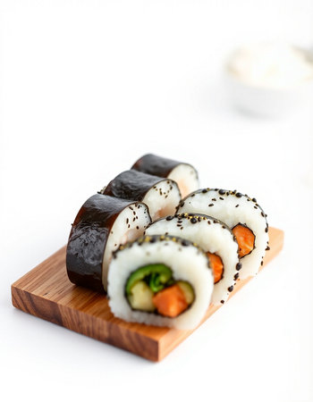 Sushi rolls on a wooden board with sauce on a white backgroundの写真素材