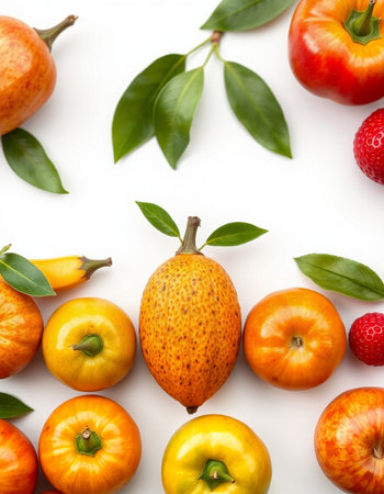 Fruits and vegetables isolated on white background. Flat lay, top view