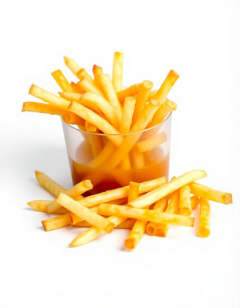 French fries in a glass on a white background. Fast food.
