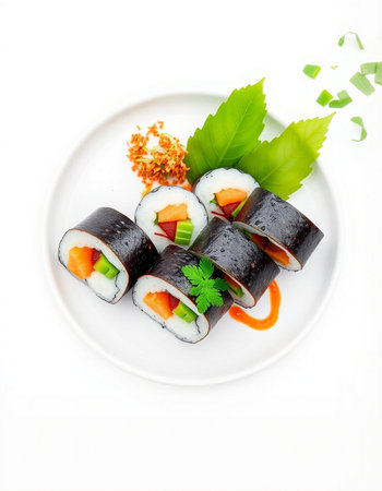 Sushi roll with vegetables and cream cheese on white backgroundの写真素材