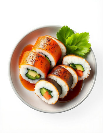 Sushi roll with salmon and cucumber isolated on white background.の写真素材