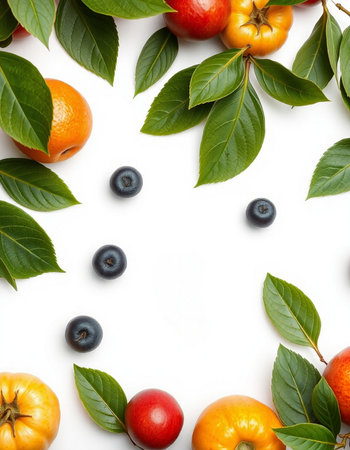 Fruits and berries isolated on white background. Top view. Flat lay pattern.の写真素材
