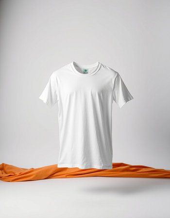 White t-shirt on orange fabric isolated on gray background. Mockup for designの写真素材