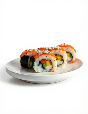Sushi rolls on a white plate isolated on a white background.の写真素材
