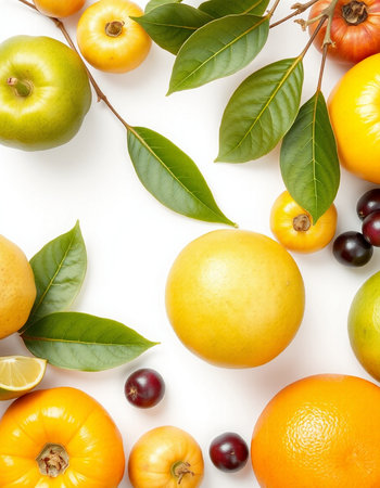 Fruits and vegetables isolated on white background. Top view. Flat lay pattern.の写真素材