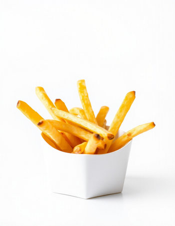 French fries in a white box on a white background, close-up