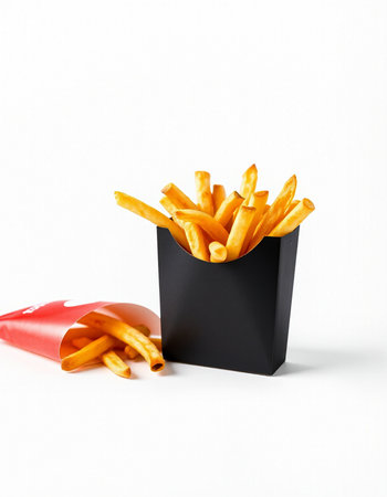 French fries in a black box on a white background. Fast food.の写真素材