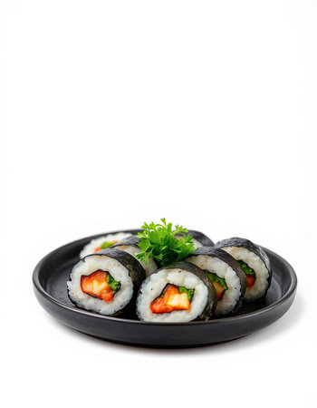 Sushi roll on a black plate isolated on white background. Japanese food.の写真素材