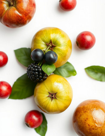 Ripe red and yellow apples, blackberries and plums on white backgroundの写真素材