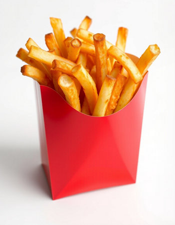French fries in a red box on a white background, close-up