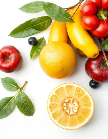 Fresh fruits and vegetables isolated on white background. Healthy food concept.の写真素材